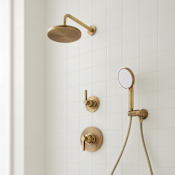 Signature Hardware Greyfield Pressure Balanced Shower System with Rainfall Shower Head, Hand Shower, Hose, Valve Trim, and Diverter - Accufit Rough-In Valve Included Aged Brass