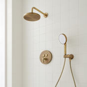 Signature Hardware Greyfield Simple Select Pressure Balanced Shower System with Rainfall Shower Head, Hand Shower, Hose, and Valve Trim with Diverter - Rough-In Valve Included Aged Brass