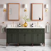 Signature Hardware Elmdale 72" Double Vanity Set with Mahogany Cabinet, Quartz Vanity Top, and Rectangular Sinks - 8" Widespread Faucet Holes Dark Olive Green / Carrara Marble
