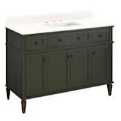 Signature Hardware Elmdale 48" Single Vanity Set with Mahogany Cabinet, Quartz Vanity Top, and Rectangular Sink - 8" Widespread Faucet Holes Dark Olive Green / Arctic White