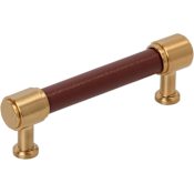 Signature Hardware Lazzara 3-3/4 Inch Center to Center Brown Leather Bar Cabinet Pull Brushed Gold