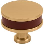 Signature Hardware Lazzara 1-1/2 Inch Brown Leather Mushroom Cabinet Knob Brushed Gold