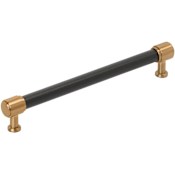 Signature Hardware Lazzara 7-9/16 Inch Center to Center Black Leather Bar Cabinet Pull Brushed Gold