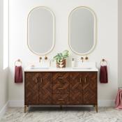 Signature Hardware Patzi 60" Free Standing Double Basin Vanity Set with Cabinet and Vanity Top - No Faucet Hole Chocolate Bark Brown / Arctic White