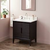 Signature Hardware Aliso 30" Freestanding Teak Single Basin Vanity Set with Cabinet, Vanity Top, and Oval Undermount Sink - 8" Widespread Faucet Holes Charred Timber Black / Arctic White