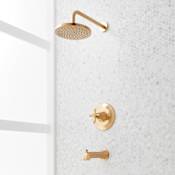 Signature Hardware Elita Pressure Balanced Tub and Shower Package with Rainfall Shower Head, Cross Handle, and Tub Spout - Accufit Rough-In Valve Included Brushed Gold