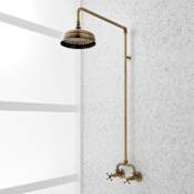 Signature Hardware Baudette Exposed Pipe Shower System with Rainfall Shower Head, Shower Arm, and Cross Handles Aged Brass