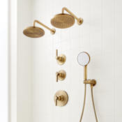 Signature Hardware Greyfield Thermostatic Shower System with Dual Rainfall Shower Heads, Hand Shower, Hose, Valve Trim and Diverter - Rough-In Valve Included Aged Brass
