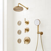 Signature Hardware Greyfield Thermostatic Shower System with Rainfall Shower Head, Hand Shower, Hose, 3 Body Sprays, Valve Trim and Diverter - Rough-In Valve Included Aged Brass
