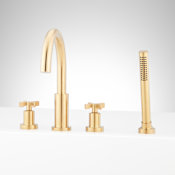 Signature Hardware Vassor Deck Mounted Roman Tub Filler with Built-In Diverter with Hand Shower and Valve Brushed Gold