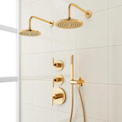 Signature Hardware Drea Thermostatic Shower System with Dual Rainfall Shower Heads, Hand Shower, Shower Arm, Hose, and Valve Trim - Rough-In Valve Included Brushed Gold