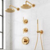 Signature Hardware Lentz Thermostatic Shower System with Dual Rainfall Shower Heads, Lever Handles, Hand Shower, Shower Arm, Hose, and Valve Trim - Rough-In Valve Included Brushed Gold