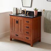 Signature Hardware Maybeck 36" Freestanding Oak Single Basin Vanity Set with Cabinet, Vanity Top, and Rectangular Undermount Sink - 8" Widespread Faucet Holes Tinted Oak / Carbon Black