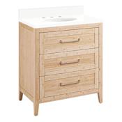 Signature Hardware Arrietty 30" Freestanding Bamboo Single Basin Vanity Set with Cabinet, Vanity Top, and Oval Undermount Sink - 8" Widespread Faucet Holes Natural Bamboo / Arctic White