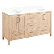 Signature Hardware Arrietty 60" Freestanding Bamboo Double Basin Vanity Set with Cabinet, Vanity Top, and Oval Undermount Sinks - 8" Widespread Faucet Holes Natural Bamboo / Arctic White