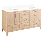 Signature Hardware Arrietty 60" Freestanding Bamboo Double Basin Vanity Set with Cabinet, Vanity Top, and Rectangular Undermount Sinks - Single Faucet Hole Natural Bamboo / Arctic White