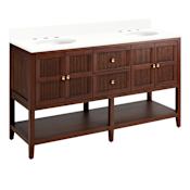 Signature Hardware Nikolai 60" Freestanding Mahogany Double Basin Vanity Set with Cabinet, Vanity Top, and Oval Undermount Sinks - 8" Widespread Faucet Holes Winterland Walnut / Arctic White