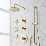 Signature Hardware Lexia Thermostatic Shower System with Rainfall Shower Head, Slide Bar, Hand Shower, Hose, Valve Trim, 3 Bodysprays and Diverter - Rough-In Valve Included Polished Brass