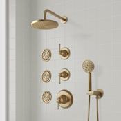 Signature Hardware Beasley Thermostatic Shower System with Rainfall Shower Head, Hand Shower, Hose, 3 Body Sprays, Valve Trim and Diverter - Rough-In Valve Included Aged Brass