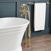 Signature Hardware Marceau Floor Mounted Tub Filler Faucet with Cross Handles - Includes Hand Shower and Valve Aged Brass
