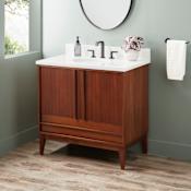 Signature Hardware Sybill 36" Freestanding Mahogany Single Basin Vanity Set with Cabinet, Vanity Top, and Oval Porcelain Sink - 8" Widespread Faucet Holes Washed Walnut / Arctic White