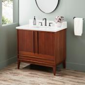 Signature Hardware Sybill 36" Freestanding Mahogany Single Basin Vanity Set with Cabinet, Vanity Top, and Rectangular Porcelain Sink - 8" Widespread Faucet Holes Washed Walnut / Arctic White