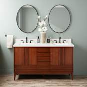 Signature Hardware Sybill 60" Freestanding Mahogany Double Basin Vanity Set with Cabinet, Vanity Top, and Rectangular Porcelain Sink - 8" Widespread Faucet Holes Washed Walnut / Arctic White