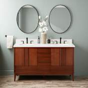 Signature Hardware Sybill 60" Freestanding Mahogany Double Basin Vanity Set with Cabinet, Vanity Top, and Oval Porcelain Sink - 8" Widespread Faucet Holes Washed Walnut / Arctic White