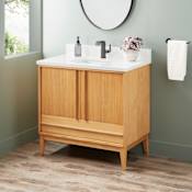 Signature Hardware Sybill 36" Freestanding Teak Single Basin Vanity Set with Cabinet, Vanity Top, and Rectangular Porcelain Sink - Single Faucet Hole Natural Teak / Arctic White