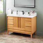 Signature Hardware Sybill 48" Freestanding Teak Single Basin Vanity Set with Cabinet, Vanity Top, and Rectangular Porcelain Sink - Single Faucet Hole Natural Teak / Arctic White