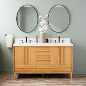 Signature Hardware Sybill 60" Freestanding Teak Double Basin Vanity Set with Cabinet, Vanity Top, and Oval Porcelain Sink - 8" Widespread Faucet Holes Natural Teak / Arctic White