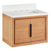 Signature Hardware Aliso 24" Wall Mount Teak Single Basin Vanity Set with Cabinet, Vanity Top, and Rectangular Undermount Sink - 8" Widespread Faucet Holes Natural Teak / Arctic White