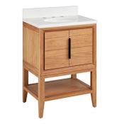 Signature Hardware Aliso 24" Console Teak Single Basin Vanity Set with Cabinet, Vanity Top, and Oval Undermount Sink - 8" Widespread Faucet Holes Natural Teak / Arctic White