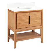 Signature Hardware Aliso 30" Console Teak Single Basin Vanity Set with Cabinet, Vanity Top, and Oval Undermount Sink - 8" Widespread Faucet Holes Natural Teak / Arctic White