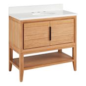 Signature Hardware Aliso 36" Console Teak Single Basin Vanity Set with Cabinet, Vanity Top, and Oval Undermount Sink - 8" Widespread Faucet Holes Natural Teak / Arctic White