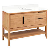 Signature Hardware Aliso 48" Console Teak Single Basin Vanity Set with Cabinet, Vanity Top, and Oval Undermount Sink - 8" Widespread Faucet Holes Natural Teak / Arctic White