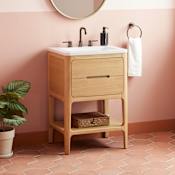 Signature Hardware Rheya 24" Console Single Basin Vanity Set with Cabinet and Solid Surface Vanity Top with Rectangular Integrated Sink - 8" Widespread Faucet Holes Blonde Oak