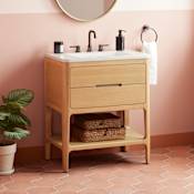 Signature Hardware Rheya 30" Console Single Basin Vanity Set with Cabinet and Solid Surface Vanity Top with Rectangular Integrated Sink - 8" Widespread Faucet Holes Blonde Oak