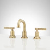 Signature Hardware Greyfield 1.2 GPM Low Angle Widespread Bathroom Faucet with Lever Handles and Pop-Up Drain Assembly Aged Brass