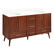 Signature Hardware Novak 60" Double Vanity Set with Mahogany Cabinet and Oval Porcelain Sinks - 8" Widespread Faucet Holes True Walnut / Arctic White