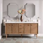 Signature Hardware Wendolyn 72" Freestanding Teak Double Basin Vanity Set with Cabinet, Vanity Top, and Rectangular Undermount Sinks - 8" Widespread Faucet Holes Washed Teak / Arctic White