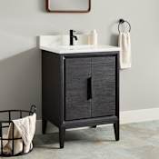 Signature Hardware Aliso 24" Freestanding Teak Single Basin Vanity Set with Cabinet, Vanity Top, and Rectangular Undermount Sink - Single Faucet Hole Charred Timber Black / Arctic White