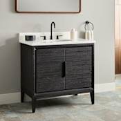 Signature Hardware Aliso 36" Freestanding Teak Single Basin Vanity Set with Cabinet, Vanity Top, and Oval Undermount Sink - 8" Widespread Faucet Holes Charred Timber Black / Arctic White
