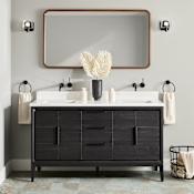 Signature Hardware Aliso 60" Freestanding Teak Double Basin Vanity Set with Cabinet, Vanity Top, and Rectangular Undermount Sinks - No Faucet Holes Charred Timber Black / Arctic White