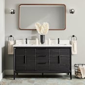 Signature Hardware Aliso 60" Freestanding Teak Double Basin Vanity Set with Cabinet, Vanity Top, and Rectangular Undermount Sinks - Single Faucet Holes Charred Timber Black / Arctic White