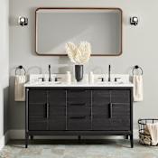 Signature Hardware Aliso 60" Freestanding Teak Double Basin Vanity Set with Cabinet, Vanity Top, and Rectangular Undermount Sinks - 8" Widespread Faucet Holes Charred Timber Black / Arctic White