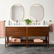 Signature Hardware Rheya 72" Double Vanity Set with Rubberwood Cabinet, Solid Surface Vanity Top, and Rectangular Solid Surface Sinks - 8" Widespread Faucet Holes Winterland Walnut