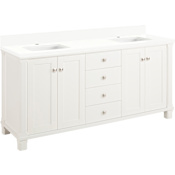 Signature Hardware Theroux 72" Double Vanity Set with Acacia Cabinet and Rectangular Porcelain Sinks - Single Faucet Holes Bright White / Arctic White