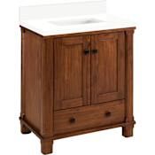Signature Hardware Theroux 30" Single Vanity Set with Acacia Cabinet and Rectangular Porcelain Sink - No Faucet Holes Tawny Brown / Arctic White