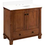 Signature Hardware Theroux 36" Single Vanity Set with Acacia Cabinet and Oval Porcelain Sink - 8" Widespread Faucet Holes Tawny Brown / Arctic White